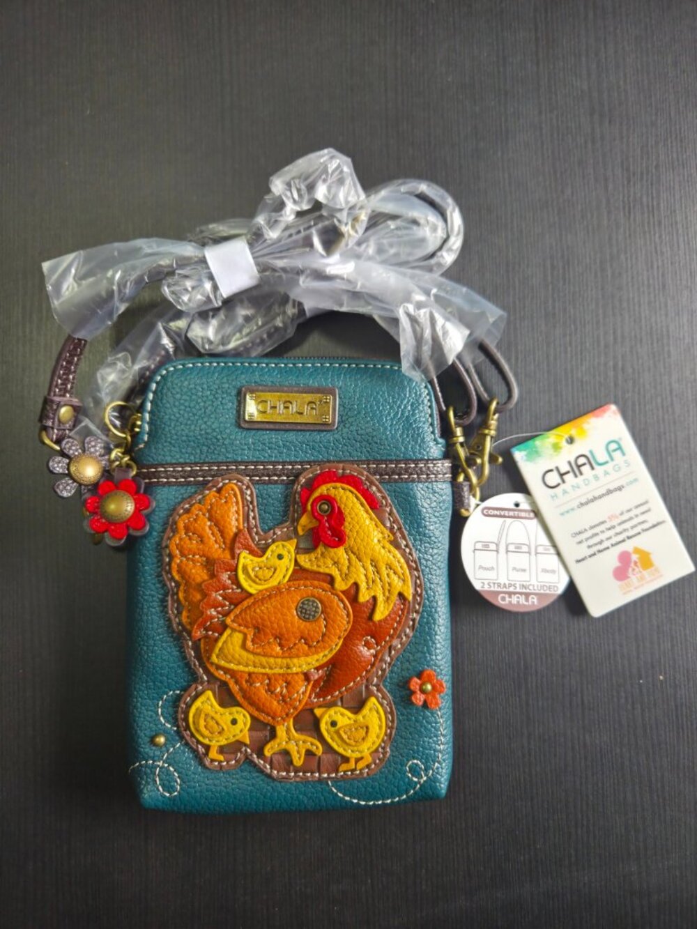 Chala Hen with Chicks Convertible Cellphone Crossbody/Purse/Pouch Turquoise NEW